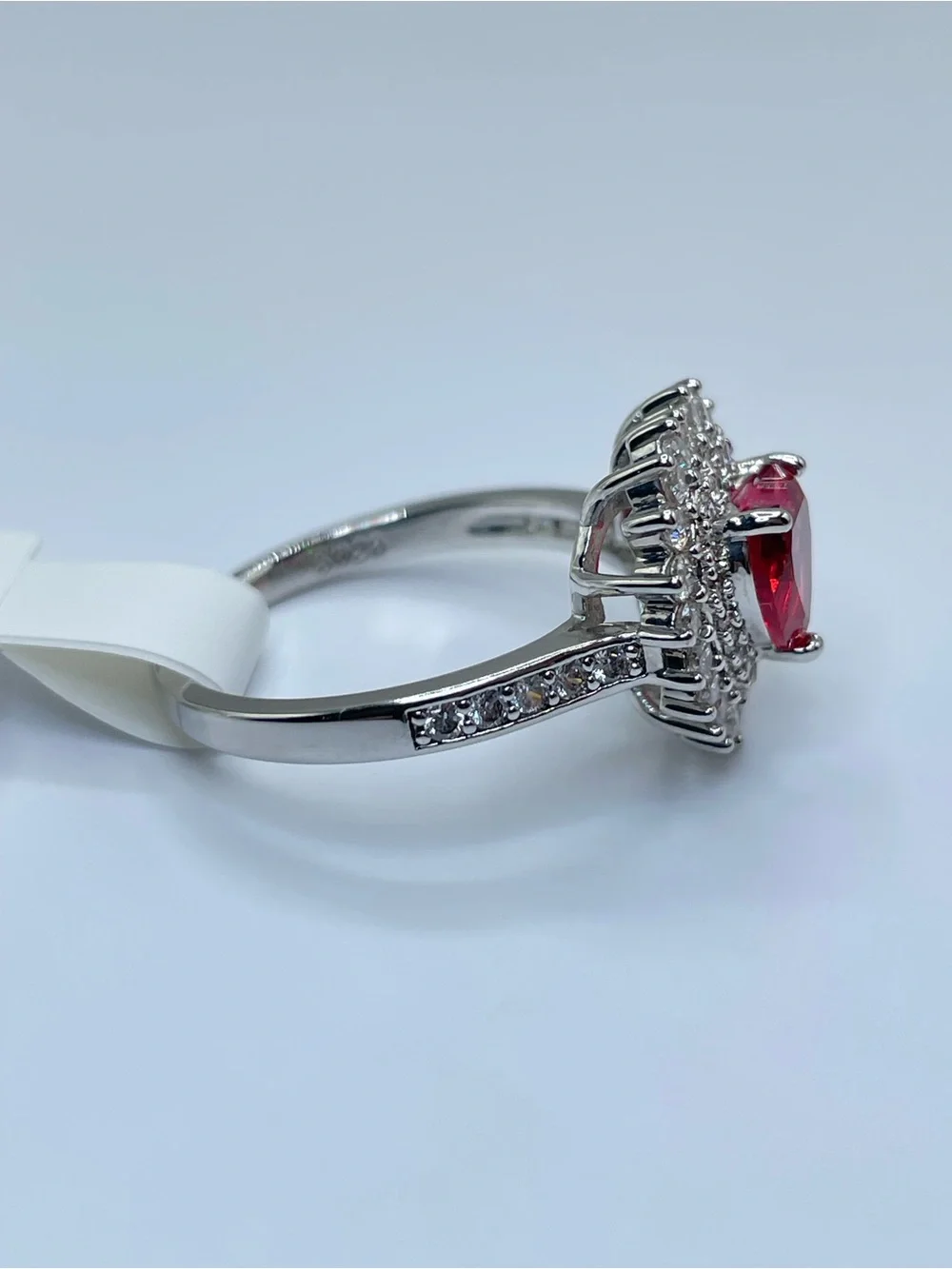 Swarovski Crystal Elements Ruby Red Heart Crystal White Halo Statement Ring Sz 8